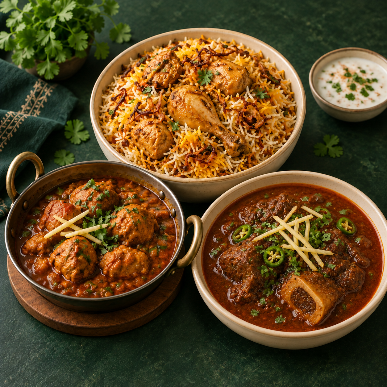 Illustrative Pakistani meal featuring chicken biryani, beef nihari, and chicken karahi.